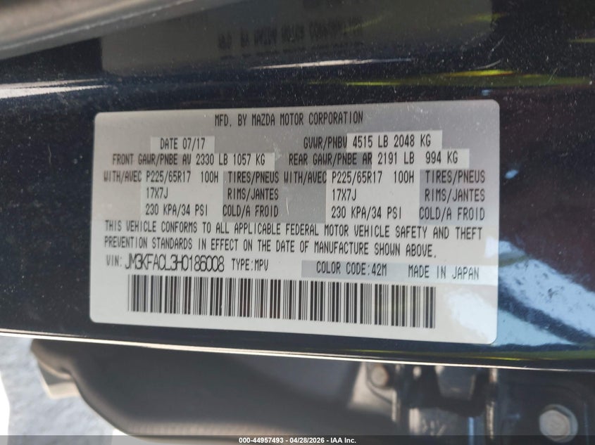 2017 Mazda Cx-5 VIN JM3KFACL3H0186008 IAAI salvage auction — ELECTRICAL, Salvage (Rhode Island), sold $4,400 on 2026-07-28 (photo 9)