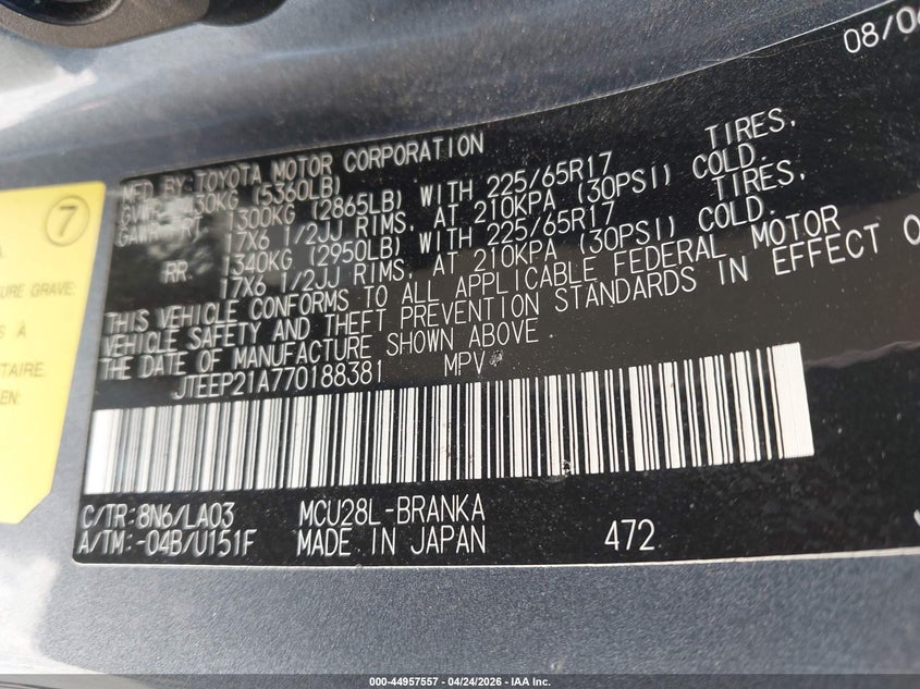 2007 Toyota Highlander VIN JTEEP21A770188381 IAAI salvage auction — RIGHT SIDE, Clear (Virginia), sold $1,650 on 2026-07-27 (photo 9)