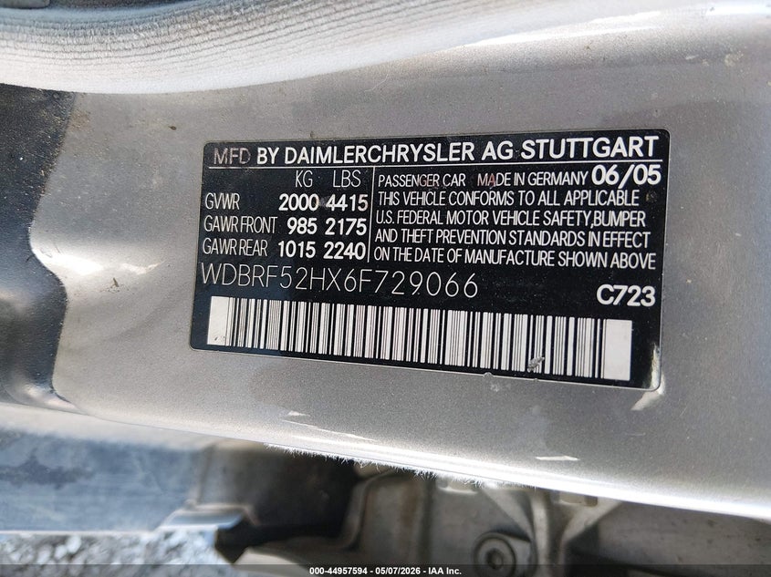 2006 Mercedes-benz C class VIN WDBRF52HX6F729066 IAAI salvage auction — FRONT END, Salvage (Kentucky), sold $325 on 2026-07-15 (photo 9)