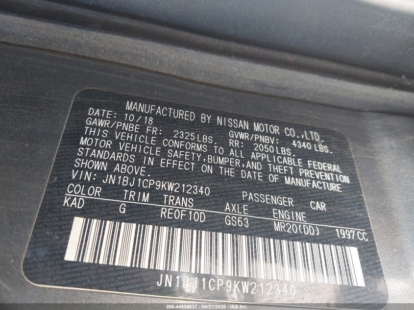 2019 Nissan Rogue VIN JN1BJ1CP9KW212340 IAAI salvage auction — FRONT END, Salvage (Texas), sold $1,125 on 2026-07-21 (photo 9)