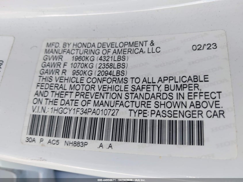 2023 Honda Accord VIN 1HGCY1F34PA010727 IAAI salvage auction — RIGHT SIDE, Salvage Title, sold $8,700 on 2026-07-18 (photo 9)