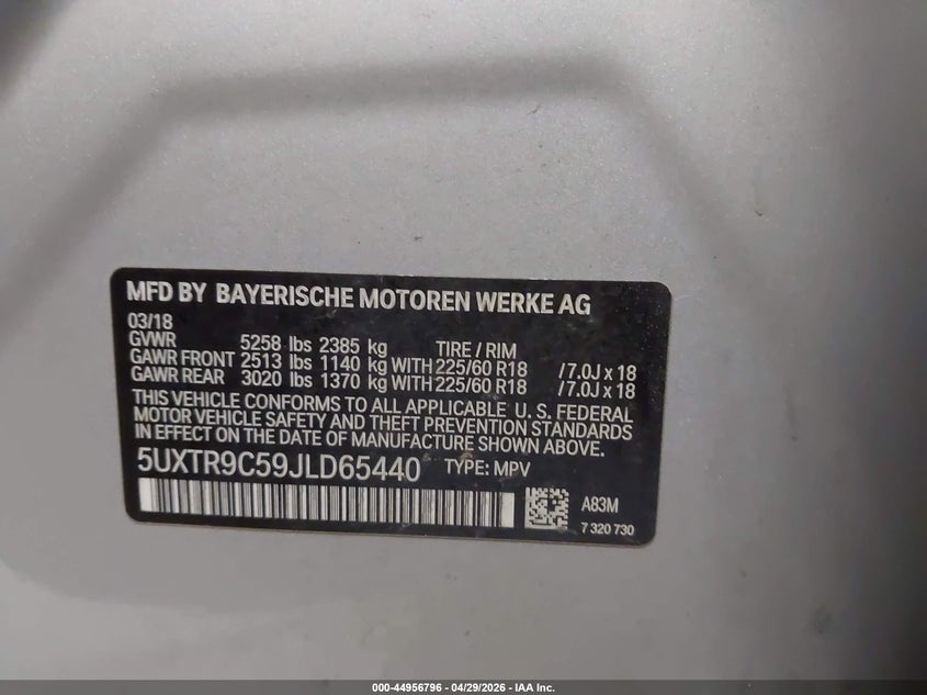 2018 BMW X3 VIN 5UXTR9C59JLD65440 IAAI salvage auction — FRONT END, Clear (Michigan), sold $7,000 on 2026-07-30 (photo 9)