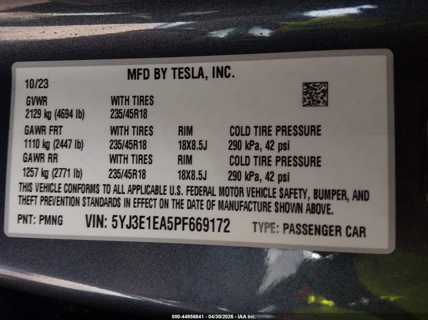 2023 Tesla Model 3 VIN 5YJ3E1EA5PF669172 IAAI salvage auction — LEFT REAR, Clear (Hawaii), sold $10,050 on 2026-07-07 (photo 9)