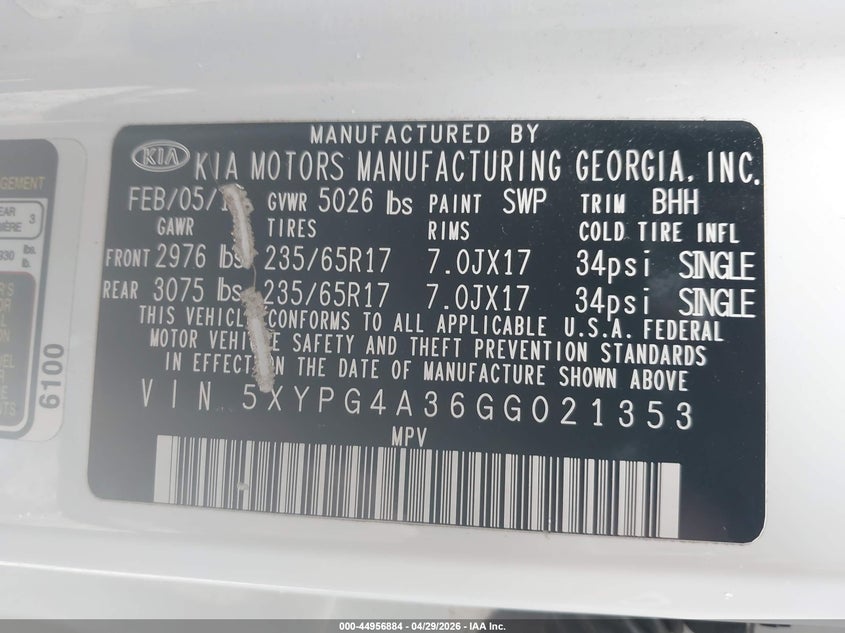 2016 Kia Sorento VIN 5XYPG4A36GG021353 IAAI salvage auction — FRONT END, Salvage (Kentucky), sold $1,250 on 2026-07-28 (photo 9)
