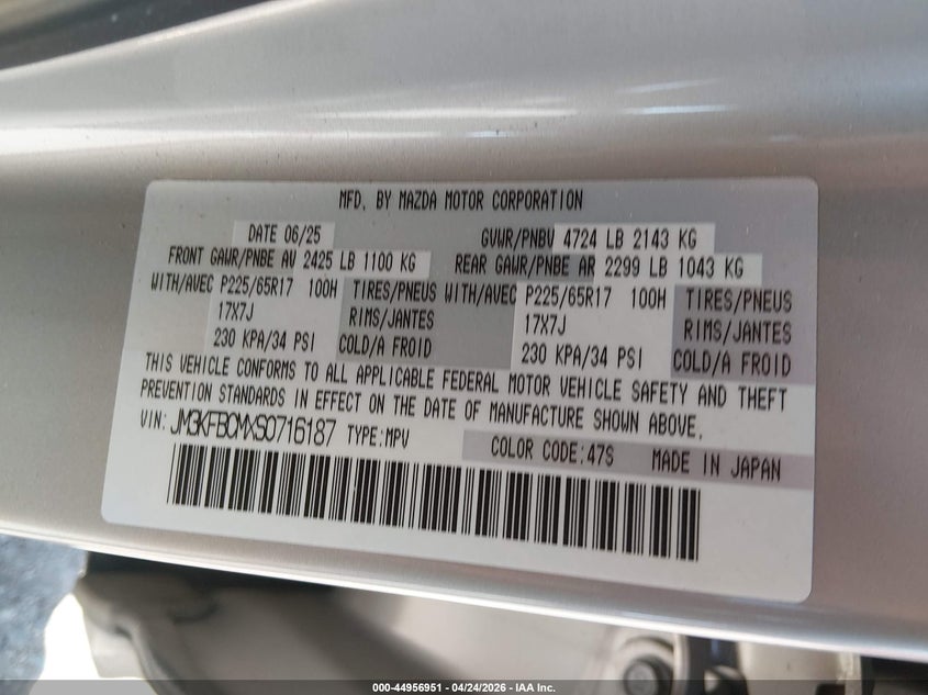 2025 Mazda Cx-5 VIN JM3KFBCMXS0716187 IAAI salvage auction — FRONT END, Salvage Title, sold $8,800 on 2026-07-28 (photo 9)