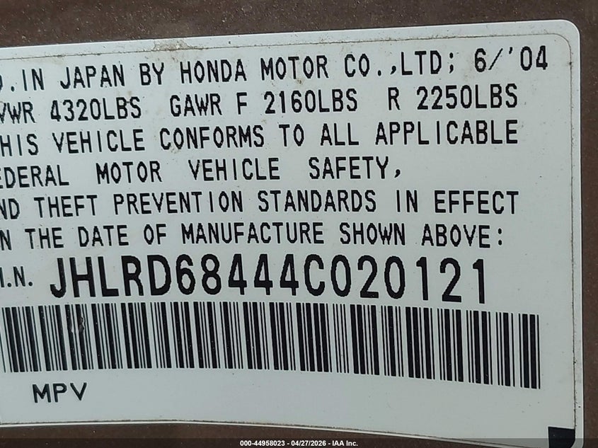 2004 Honda Cr-v VIN JHLRD68444C020121 IAAI salvage auction — NORMAL WEAR, Clear (Oklahoma), sold $625 on 2026-07-14 (photo 9)