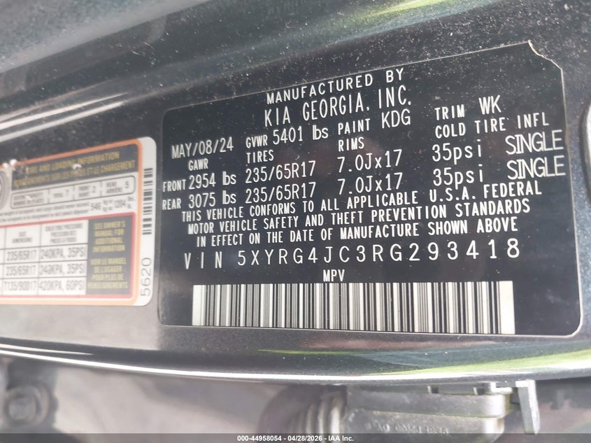 2024 Kia Sorento VIN 5XYRG4JC3RG293418 IAAI salvage auction — FRONT END, Salvage Title, sold $5,900 on 2026-08-01 (photo 9)