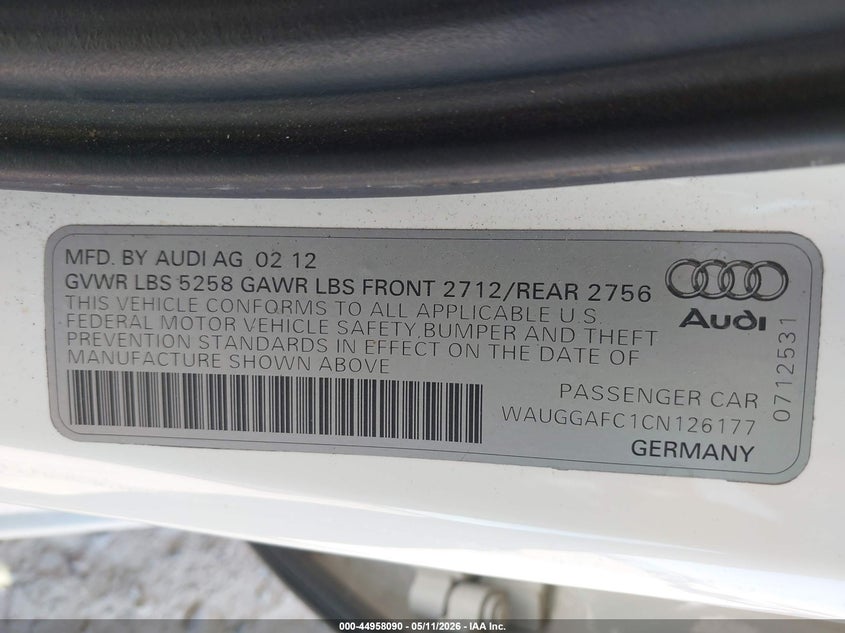 2012 Audi A6 VIN WAUGGAFC1CN126177 IAAI salvage auction — NORMAL WEAR, Clear (Montana), sold $1,550 on 2026-07-15 (photo 9)