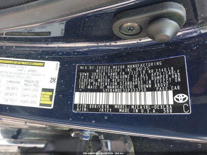 2025 Toyota Corolla VIN 5YFB4MDE3SP333750 IAAI salvage auction — FRONT END, Salvage Title, sold $5,600 on 2026-07-29 (photo 9)