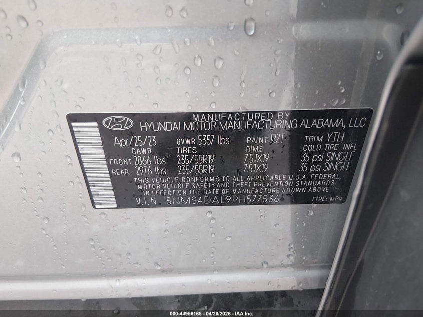 2023 Hyundai Santa fe VIN 5NMS4DAL9PH577536 IAAI salvage auction — HAIL, Salvage (Ohio), sold $13,600 on 2026-07-28 (photo 9)