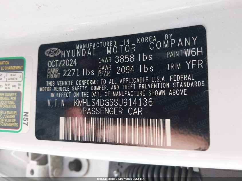 2025 Hyundai Elantra VIN KMHLS4DG6SU914136 IAAI salvage auction — FRONT END, Salvage Title, sold $7,350 on 2026-07-07 (photo 9)