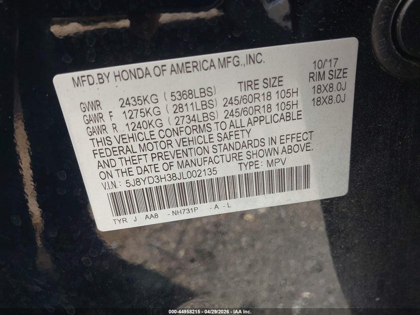 2018 Acura Mdx VIN 5J8YD3H38JL002135 IAAI salvage auction — FRONT END, Salvage Title, sold $1,750 on 2026-07-12 (photo 9)