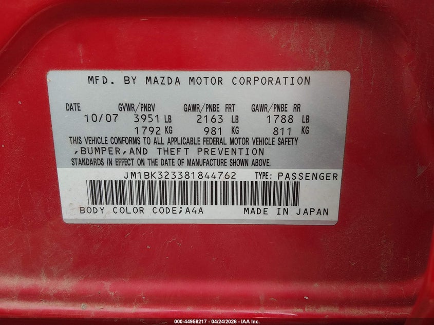 2008 Mazda 3 VIN JM1BK323381844762 IAAI salvage auction — HAIL, Rebuilt (Oklahoma), sold $500 on 2026-07-22 (photo 9)