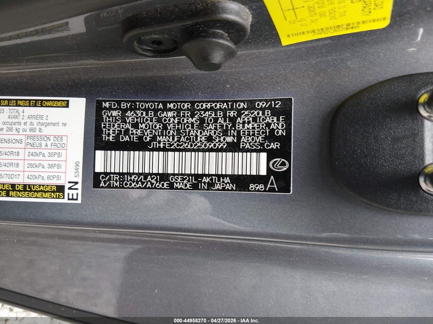 2013 Lexus Is VIN JTHFE2C26D2509099 IAAI salvage auction — REAR END, Salvage Title, sold $2,550 on 2026-07-14 (photo 9)