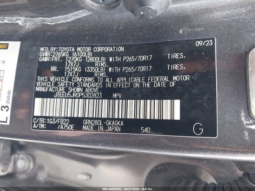 2023 Toyota 4runner VIN JTEEU5JR0P5302823 IAAI salvage auction — FRONT & REAR, Salvage (California), sold $8,275 on 2026-07-13 (photo 9)