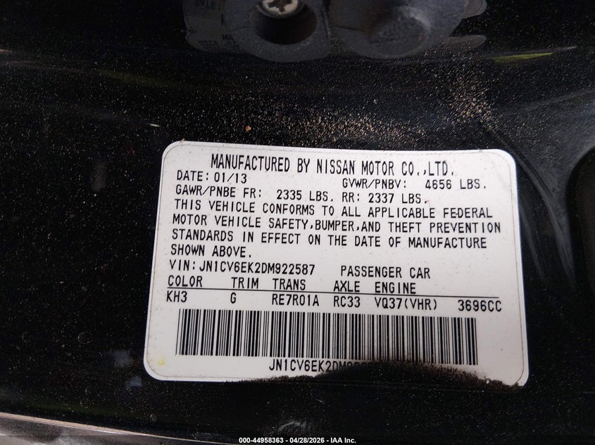 2013 Infiniti G VIN JN1CV6EK2DM922587 IAAI salvage auction — RIGHT FRONT, Salvage (Texas), sold $1,350 on 2026-07-22 (photo 9)