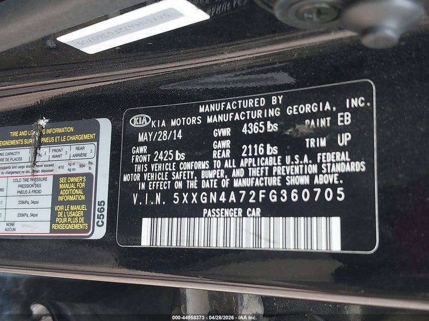 2015 Kia Optima VIN 5XXGN4A72FG360705 IAAI salvage auction — REAR END, Salvage (Louisiana), sold $1,600 on 2026-07-08 (photo 9)