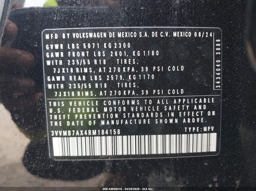 2024 Volkswagen Tiguan VIN 3VVMB7AX4RM184158 IAAI salvage auction — FRONT END, Salvage Title, sold $4,850 on 2026-07-10 (photo 9)