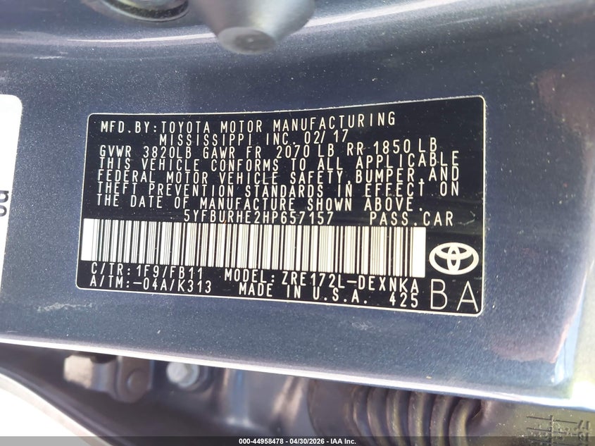 2017 Toyota Corolla VIN 5YFBURHE2HP657157 IAAI salvage auction — UNKNOWN, Salvage (Hawaii), sold $4,050 on 2026-07-28 (photo 9)