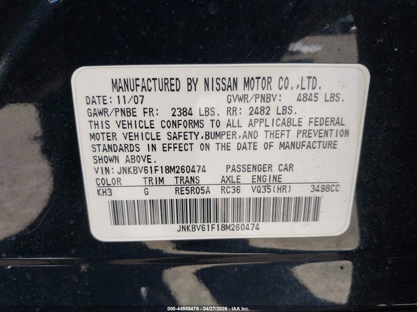 2008 Infiniti G35 VIN JNKBV61F18M260474 IAAI salvage auction — SIDE, Mv-907A (New York), sold $925 on 2026-08-22 (photo 9)