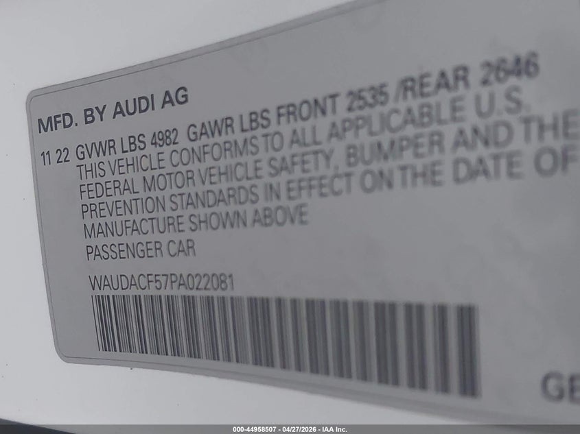 2023 Audi A5 VIN WAUDACF57PA022081 IAAI salvage auction — FRONT END, Salvage Title, sold $18,250 on 2026-07-14 (photo 9)