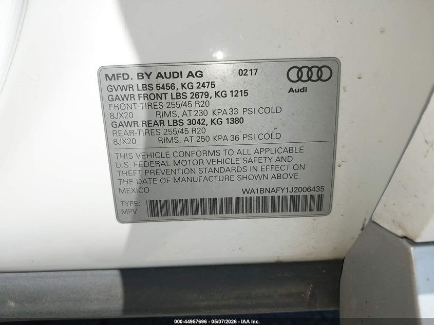 2018 Audi Q5 VIN WA1BNAFY1J2006435 IAAI salvage auction — REAR END, Salvage (Minnesota), sold $7,100 on 2026-07-20 (photo 9)
