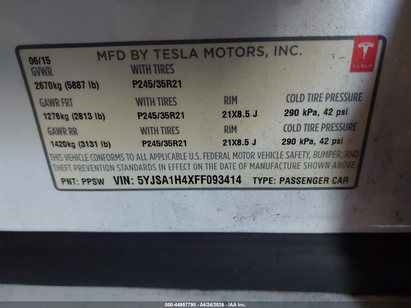2015 Tesla Model s VIN 5YJSA1H4XFF093414 IAAI salvage auction — FRONT END, Salvage Title, sold $4,050 on 2026-07-30 (photo 9)