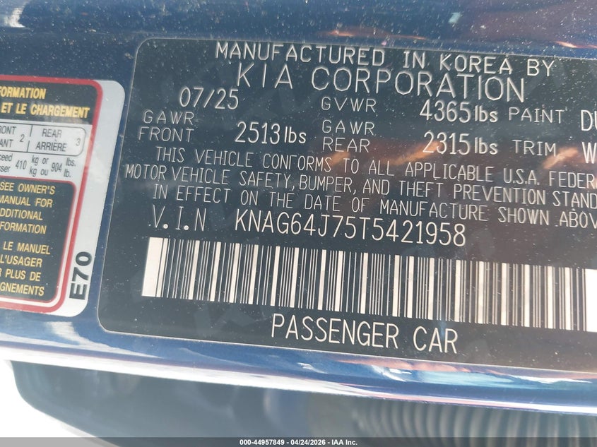 2026 Kia K5 VIN KNAG64J75T5421958 IAAI salvage auction — LEFT SIDE, Salvage (Georgia), sold $6,400 on 2026-07-27 (photo 9)