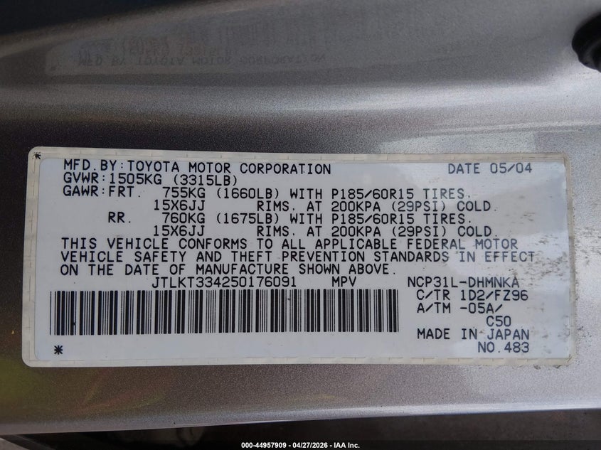 2005 Scion Xb VIN JTLKT334250176091 IAAI salvage auction — SIDE, Salvage (Hawaii), sold $225 on 2026-07-27 (photo 9)