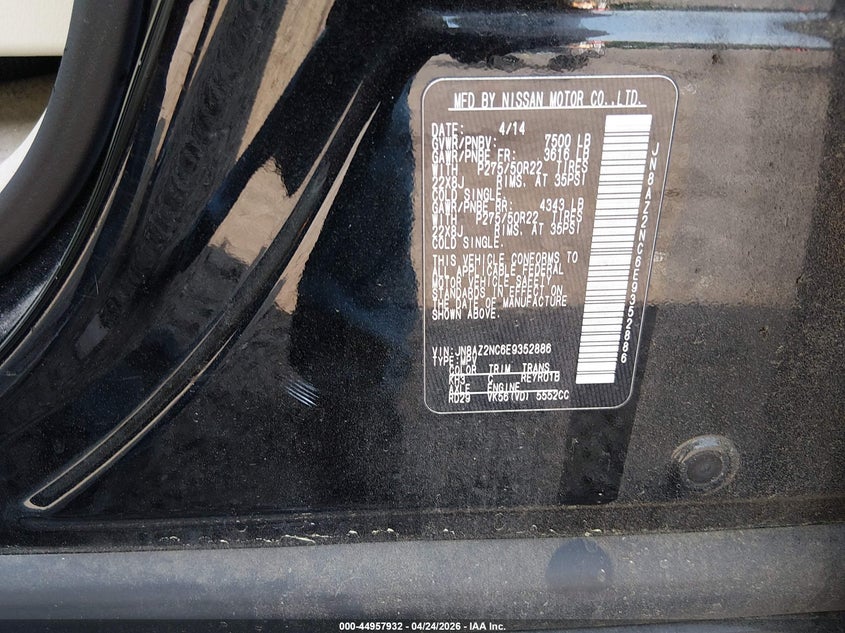 2014 Infiniti Qx80 VIN JN8AZ2NC6E9352886 IAAI salvage auction — LEFT FRONT, Salvage Title, sold $2,225 on 2026-07-22 (photo 9)