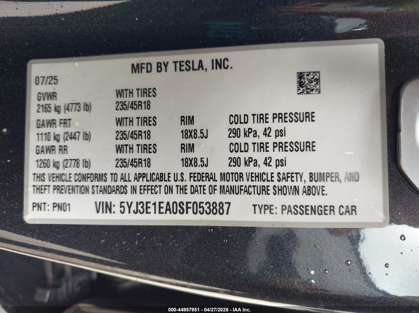 2025 Tesla Model 3 VIN 5YJ3E1EA0SF053887 IAAI salvage auction — REAR END, Salvage Title, sold $17,400 on 2026-07-16 (photo 9)