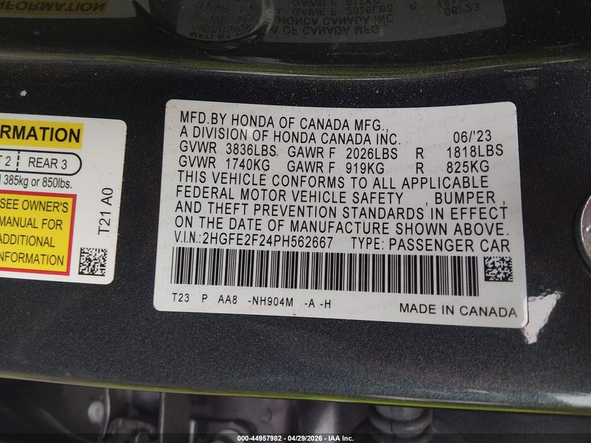 2023 Honda Civic VIN 2HGFE2F24PH562667 IAAI salvage auction — HAIL, Salvage Title, sold $7,900 on 2026-07-26 (photo 9)