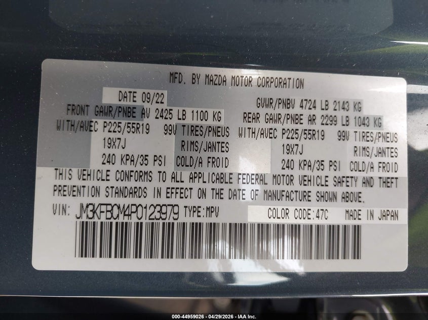 2023 Mazda Cx-5 VIN JM3KFBCM4P0123979 IAAI salvage auction — FRONT END, Salvage Title, sold $9,750 on 2026-07-23 (photo 9)