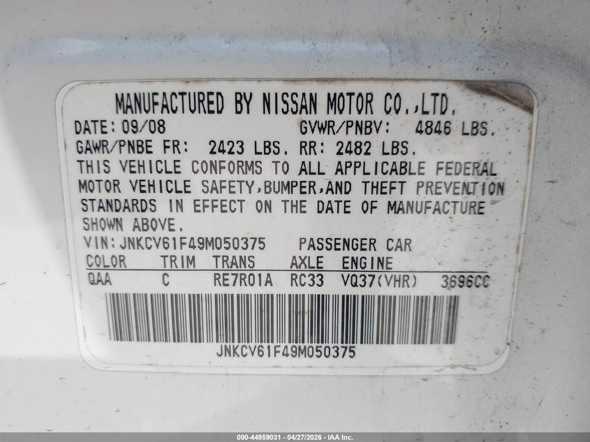 2009 Infiniti G VIN JNKCV61F49M050375 IAAI salvage auction — FRONT & REAR, Mv-907A (New York), sold $400 on 2026-07-14 (photo 9)