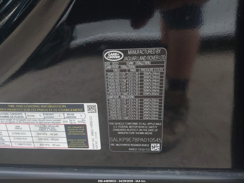2023 Land rover RANGE ROVER VIN SALKP9E78PA010545 IAAI salvage auction — THEFT, Salvage (Texas), sold $53,000 on 2026-07-29 (photo 9)