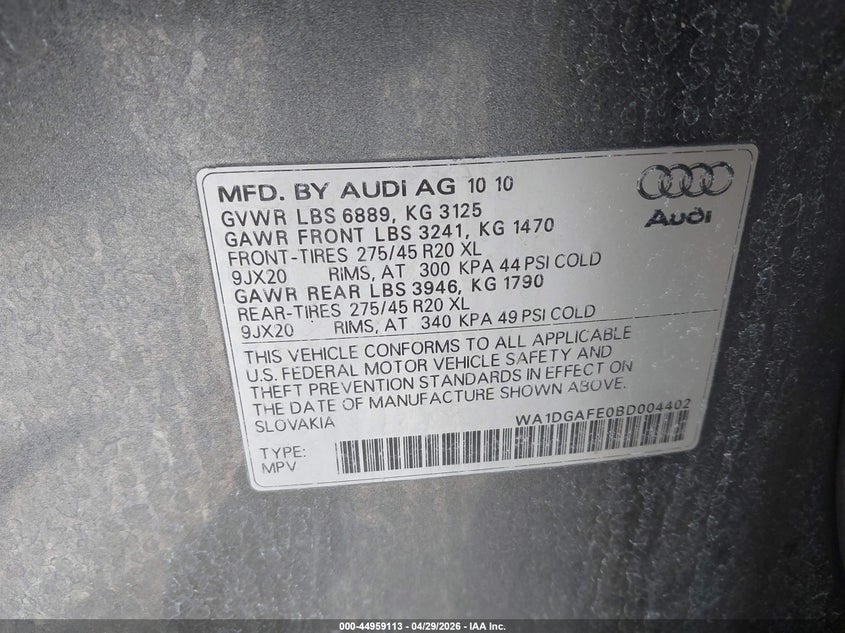 2011 Audi Q7 VIN WA1DGAFE0BD004402 IAAI salvage auction — FRONT END, Clear (Montana), sold $400 on 2026-07-15 (photo 9)