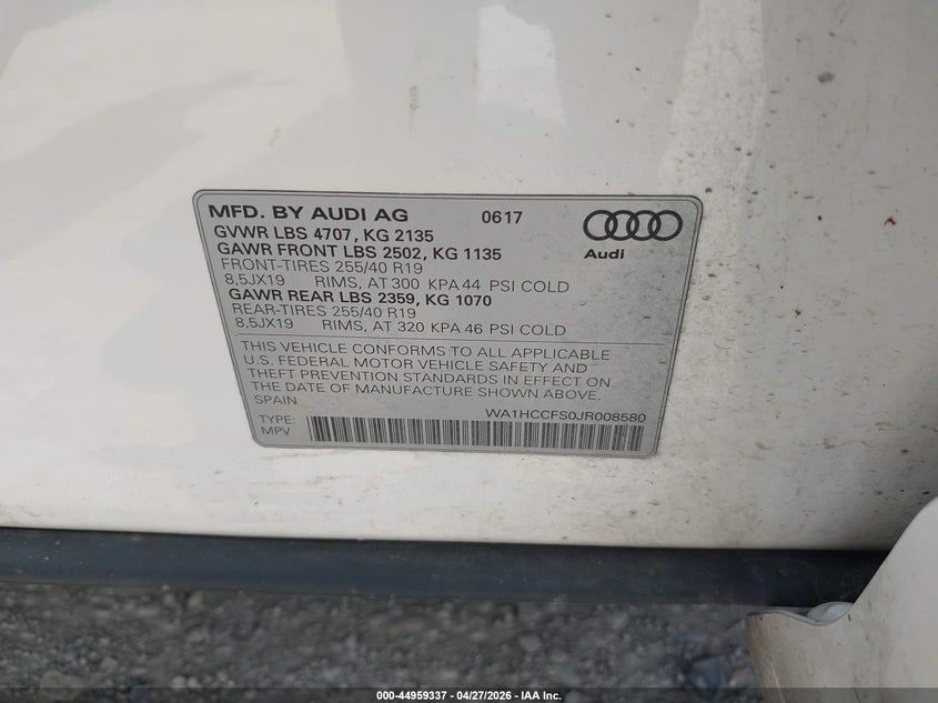 2018 Audi Q3 VIN WA1HCCFS0JR008580 IAAI salvage auction — FRONT END, Original (Texas), sold $4,000 on 2026-07-15 (photo 9)