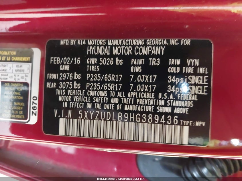 2017 Hyundai Santa fe VIN 5XYZUDLB9HG389436 IAAI salvage auction — RIGHT FRONT, Salvage (North Carolina), sold $675 on 2026-07-30 (photo 9)