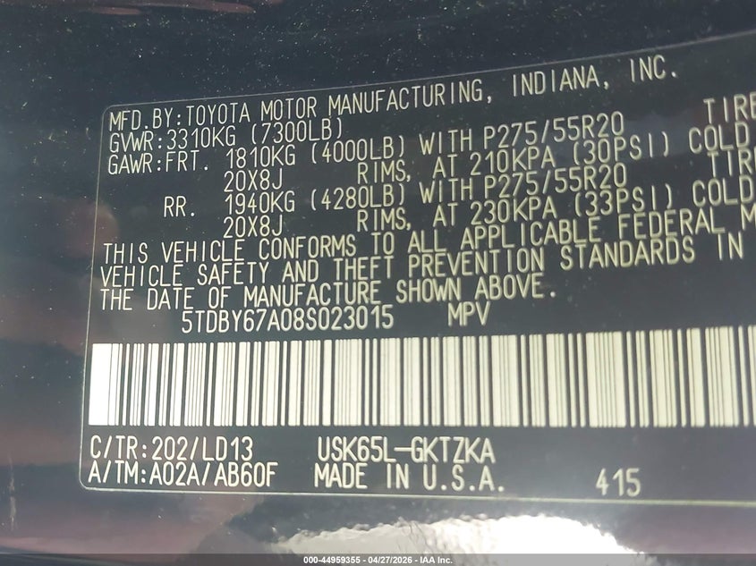 2008 Toyota Sequoia VIN 5TDBY67A08S023015 IAAI salvage auction — REAR END, Salvage - Greater Than 75% (Maryland), sold $4,900 on 2026-07-13 (photo 9)