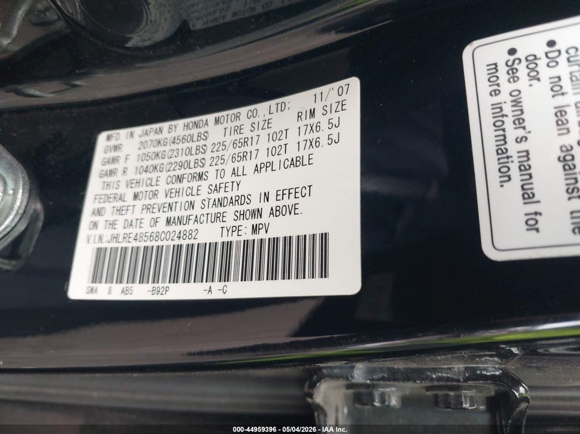 2008 Honda Cr-v VIN JHLRE48568C024882 IAAI salvage auction — FRONT END, Salvage Certificate (California), sold $275 on 2026-07-24 (photo 9)