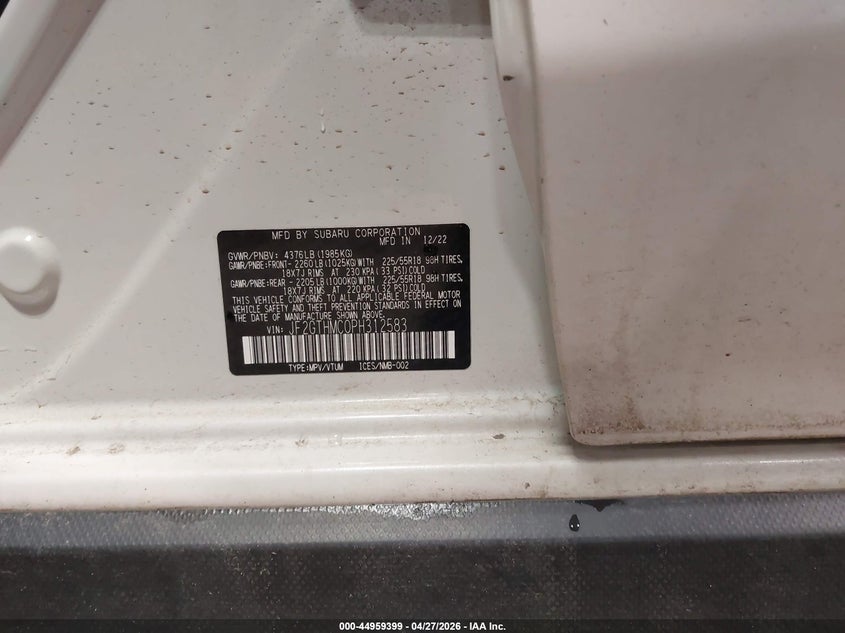2023 Subaru Xv VIN JF2GTHMC0PH312583 IAAI salvage auction — FRONT END, Salvage Title, sold $1,400 on 2026-07-30 (photo 9)