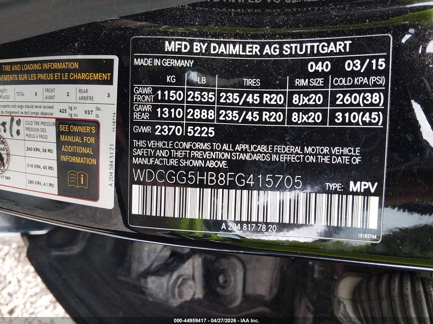 2015 Mercedes-benz Glk-class VIN WDCGG5HB8FG415705 IAAI salvage auction — REAR END, Salvage (Louisiana), sold $3,650 on 2026-07-08 (photo 9)
