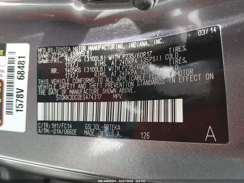 2014 Toyota Sienna VIN 5TDKK3DC0ES474317 IAAI salvage auction — FRONT END, Salvage Title, sold $725 on 2026-07-16 (photo 9)