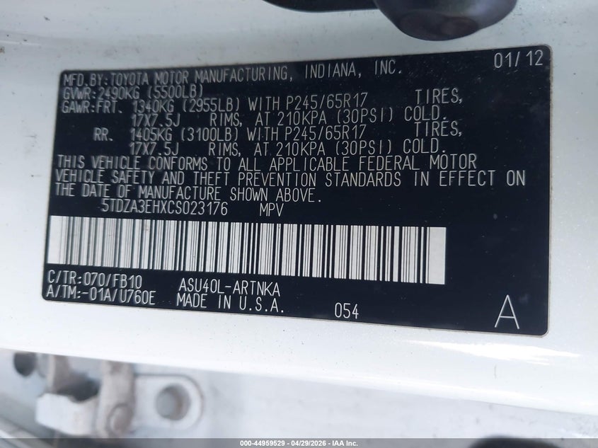 2012 Toyota Highlander VIN 5TDZA3EHXCS023176 IAAI salvage auction — NORMAL WEAR, Clear-Dealer Only (Montana), sold $25 on 2026-07-28 (photo 9)