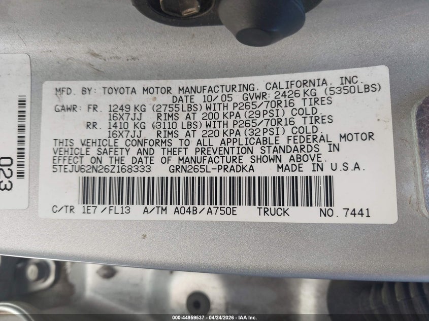 2006 Toyota Tacoma VIN 5TEJU62N26Z168333 IAAI salvage auction — RIGHT REAR, Salvage (California), sold $3,050 on 2026-07-08 (photo 9)