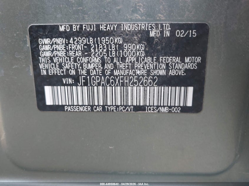 2015 Subaru Impreza VIN JF1GPAC6XFH252662 IAAI salvage auction — NORMAL WEAR, Clear (Arizona), sold $1,075 on 2026-07-14 (photo 9)