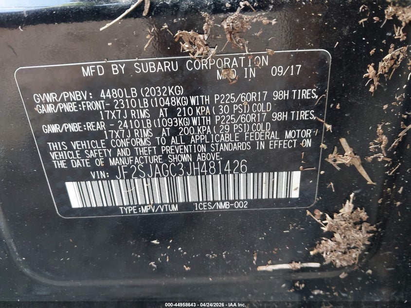2018 Subaru Forester VIN JF2SJAGC3JH481426 IAAI salvage auction — BIO HAZARD, Salvage (Mississippi), sold $1,050 on 2026-07-31 (photo 9)