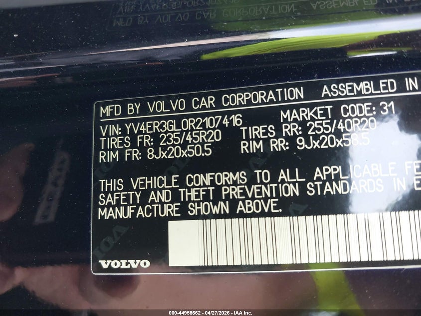 2024 Volvo C40 VIN YV4ER3GL0R2107416 IAAI salvage auction — HAIL, Salvage Title, sold $12,400 on 2026-07-28 (photo 9)