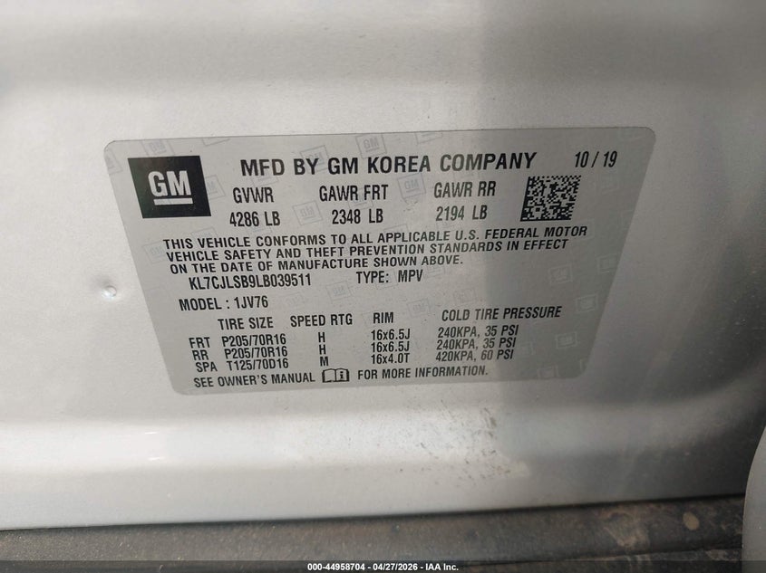 2020 Chevrolet Trax VIN KL7CJLSB9LB039511 IAAI salvage auction — FRONT END, Salvage (Texas), sold $1,100 on 2026-07-28 (photo 9)