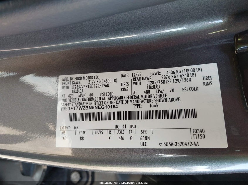 2022 Ford F250 VIN 1FT7W2BN5NEG10164 IAAI salvage auction — REAR END, Salvage (Arizona), sold $20,800 on 2026-08-01 (photo 9)